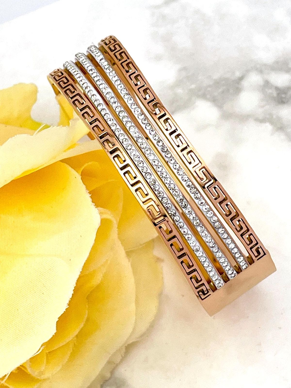 Gold Greek Key Crystal Bangle Bracelet