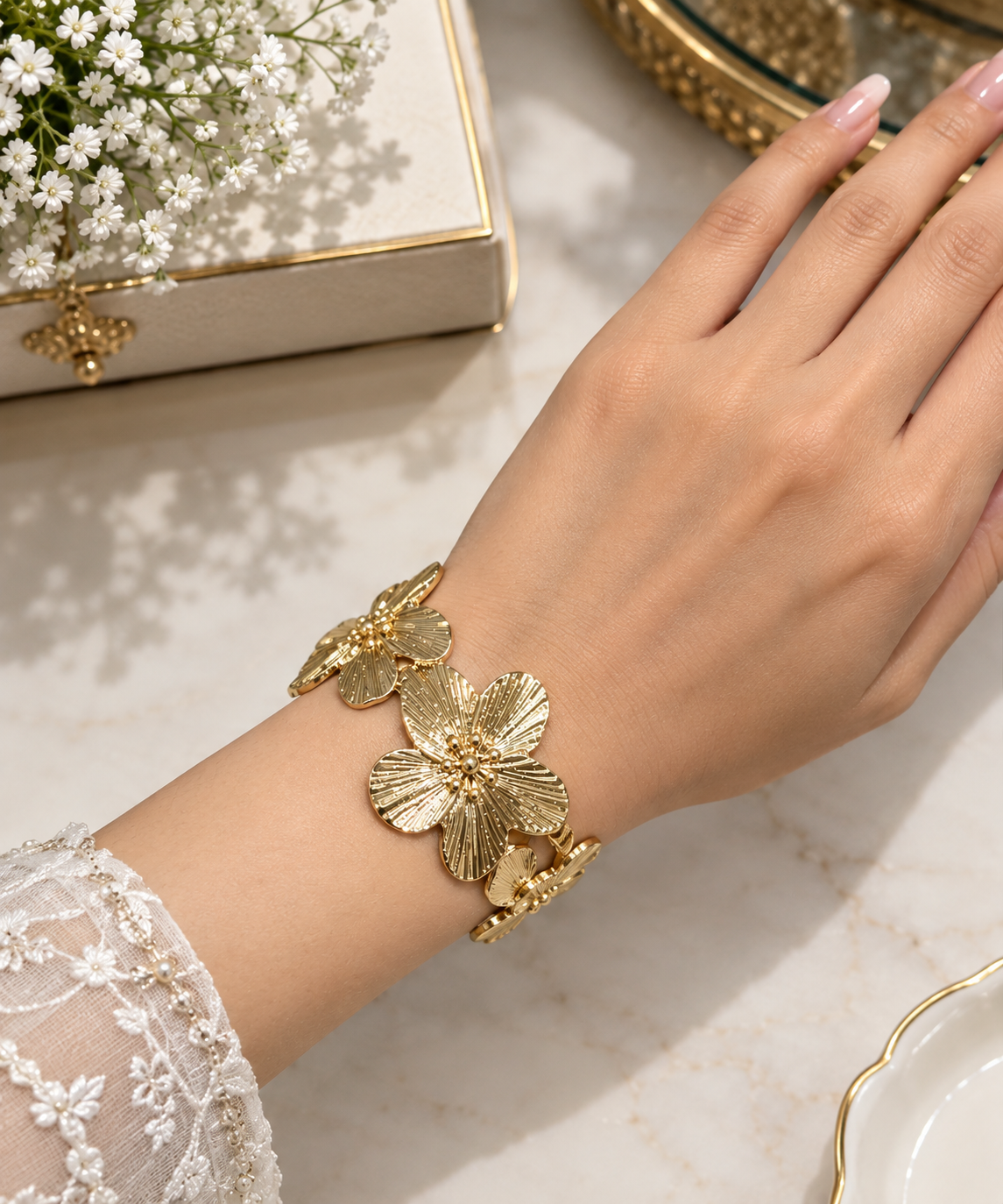 Golden Floral Bloom Cuff Bracelet