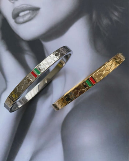 Italian-Inspired Green & Red Enamel Gold Bangle