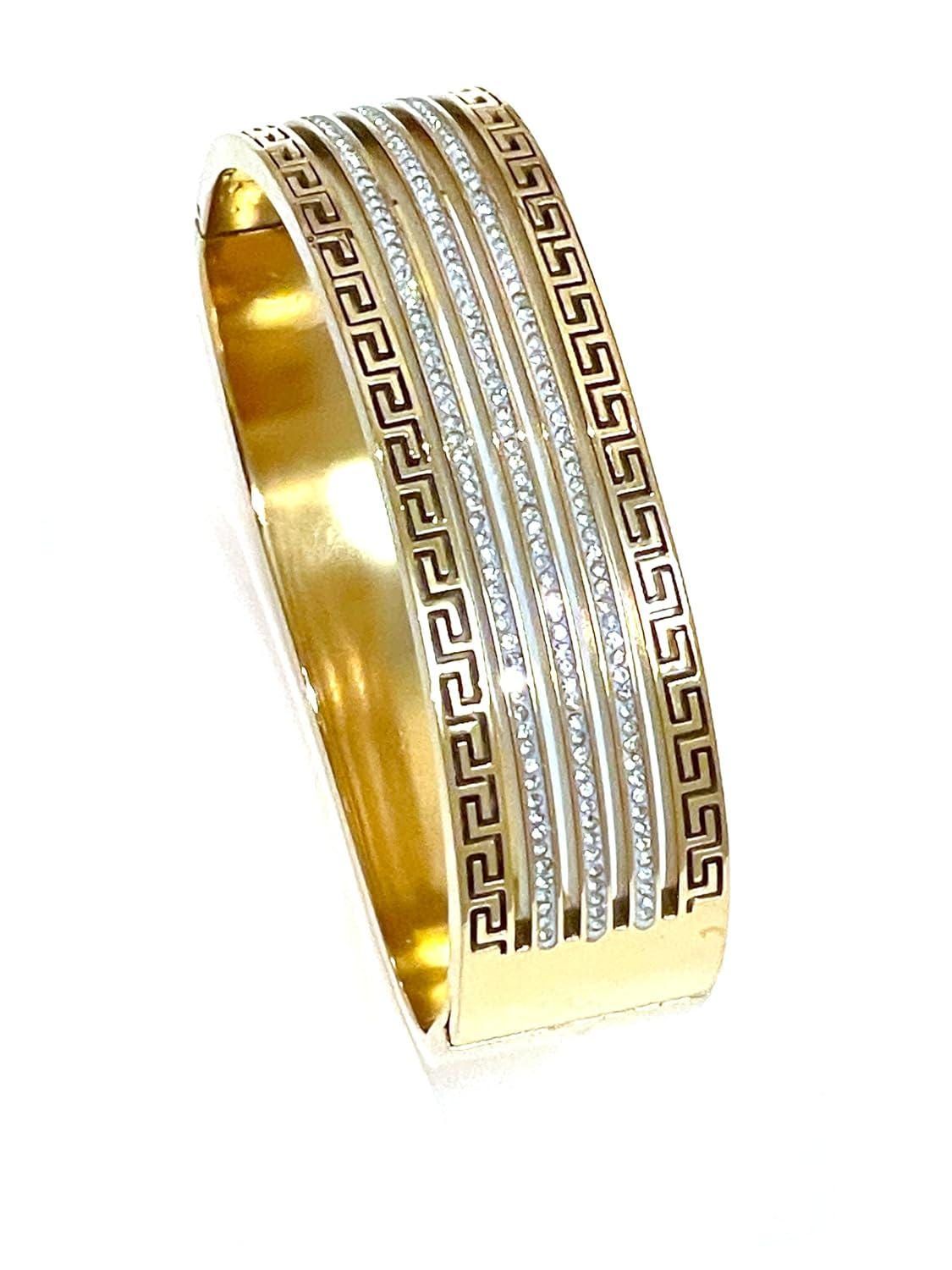 Gold Greek Key Crystal Bangle Bracelet