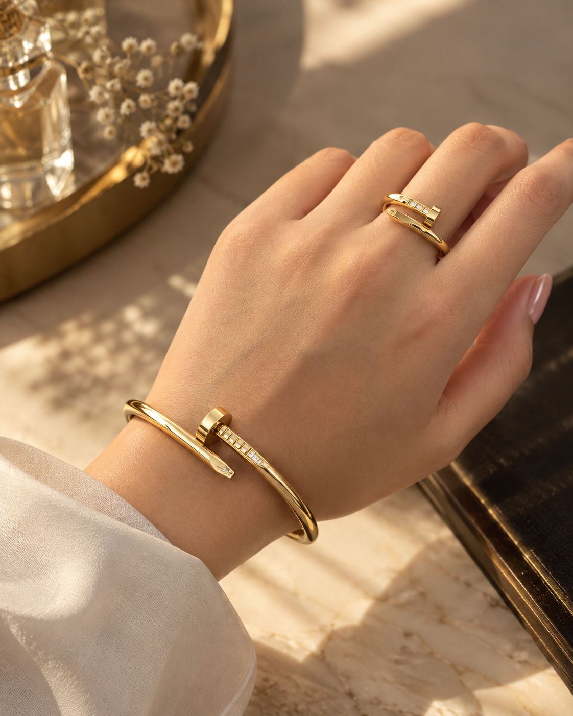 Gold Cuff Nail Bracelet & Matching Ring Set for Women – Elegant Jewellery