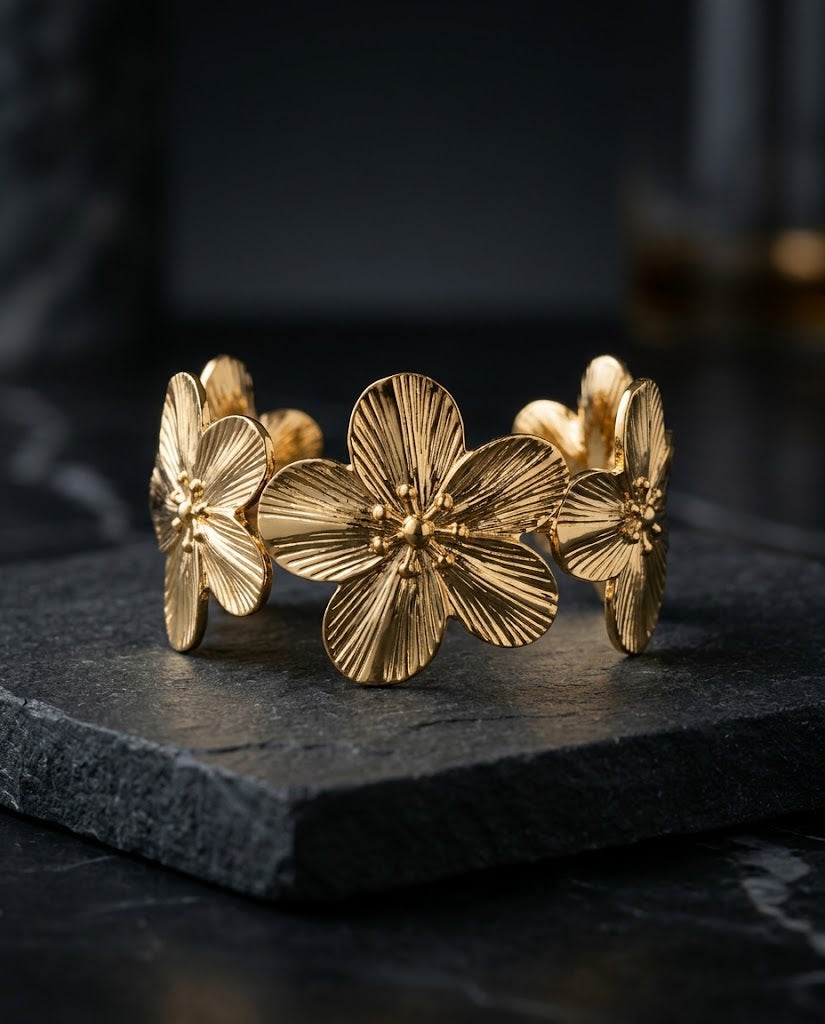 Golden Floral Bloom Cuff Bracelet