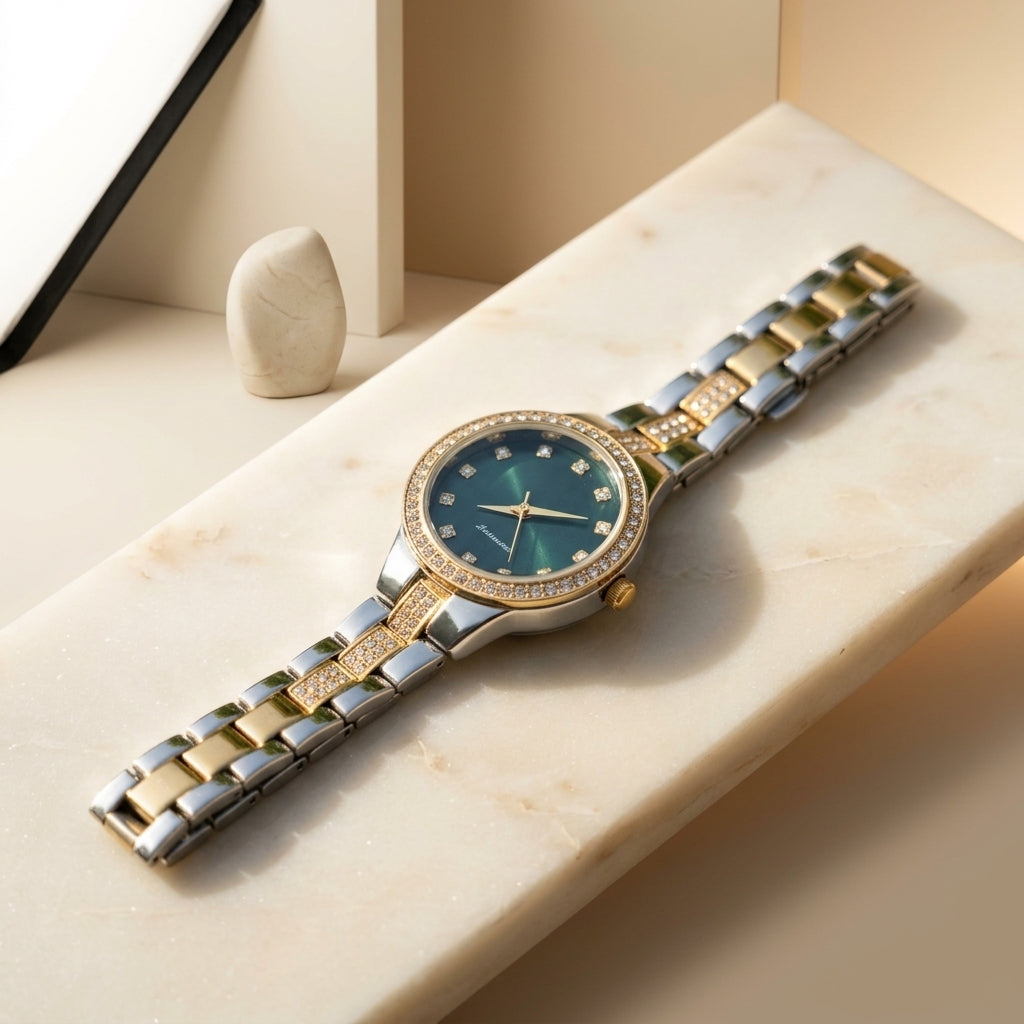 Women's Two-Tone Gold Silver Watch with Green Dial & Crystal Bezel