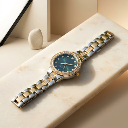 Women's Two-Tone Gold Silver Watch with Green Dial & Crystal Bezel