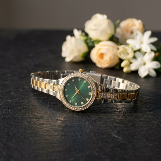 Women's Two-Tone Gold Silver Watch with Green Dial & Crystal Bezel