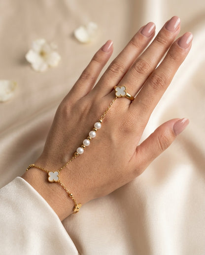 Gold Flower Pearl Hand Chain Bracelet with Finger Ring