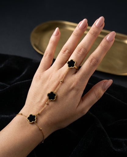 Midnight Clover Gold Hand Chain Bracelet