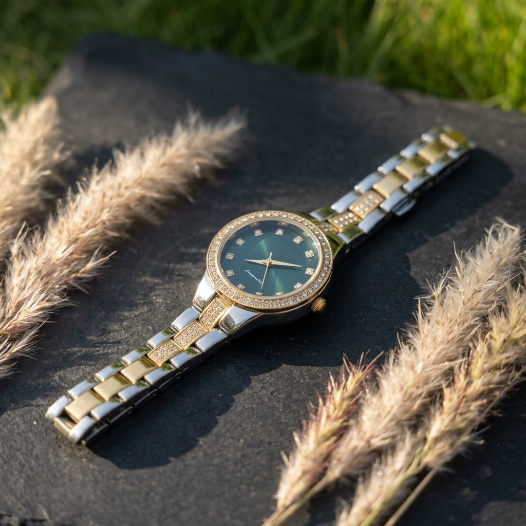 Women's Two-Tone Gold Silver Watch with Green Dial & Crystal Bezel