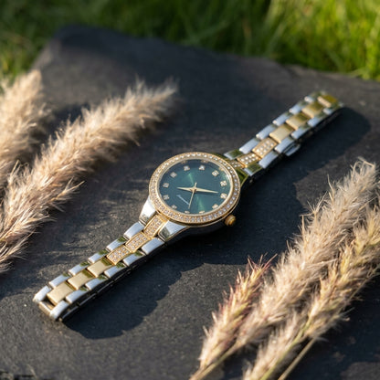 Women's Two-Tone Gold Silver Watch with Green Dial & Crystal Bezel