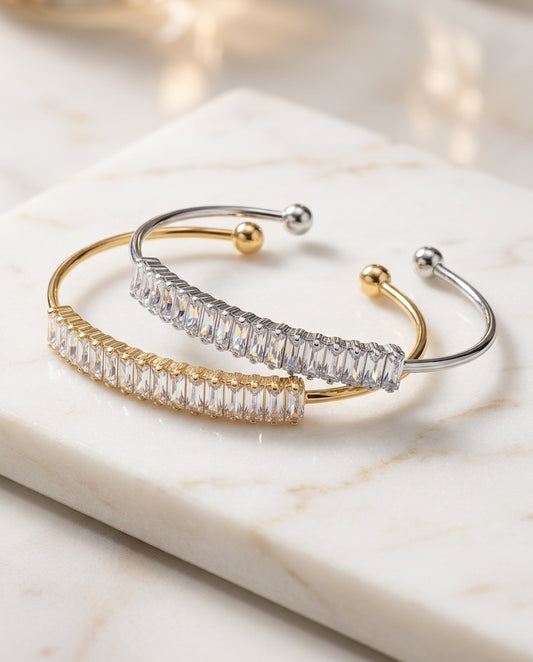 Baguette Crystal Open Cuff Bracelet Gold & Silver Set