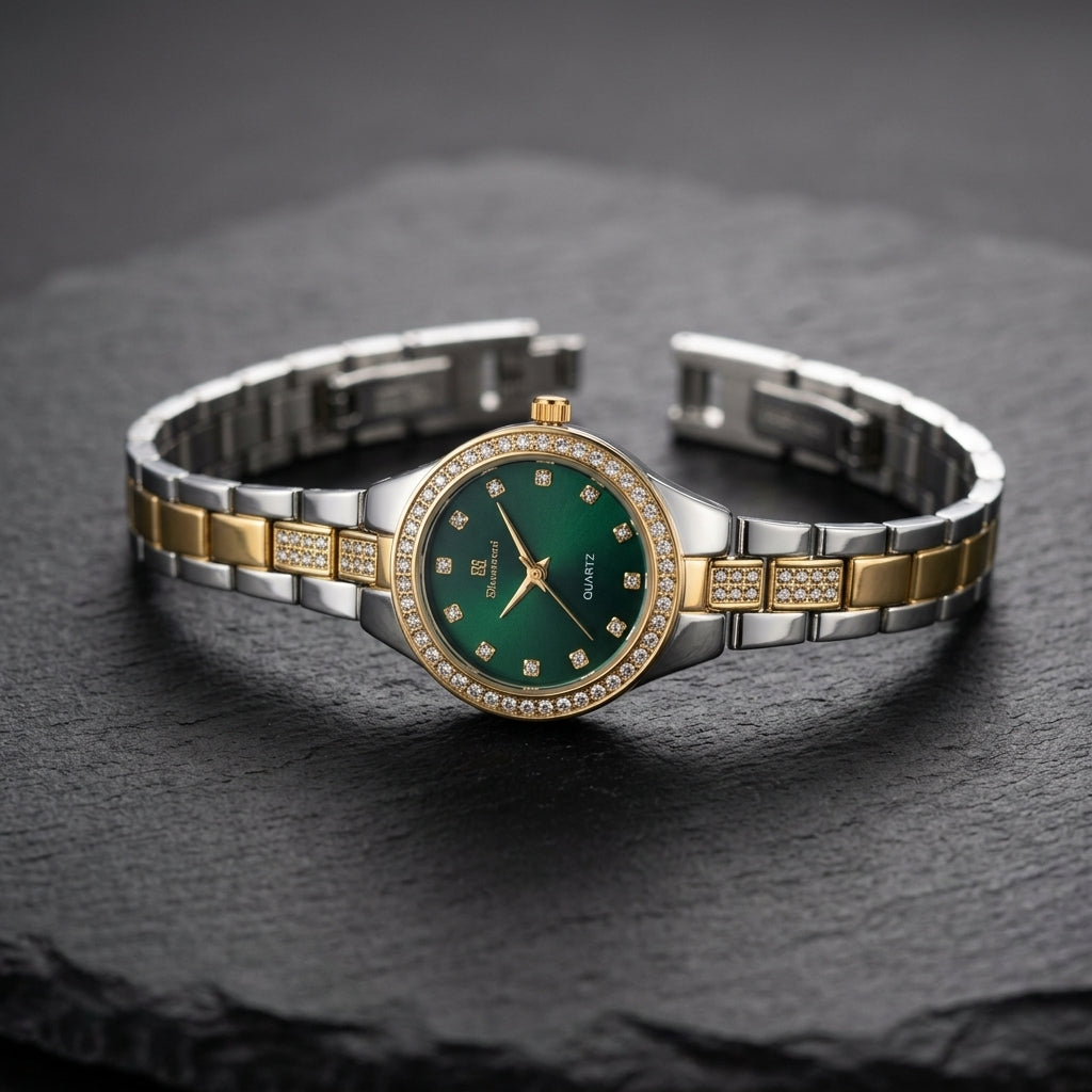 Women's Two-Tone Gold Silver Watch with Green Dial & Crystal Bezel