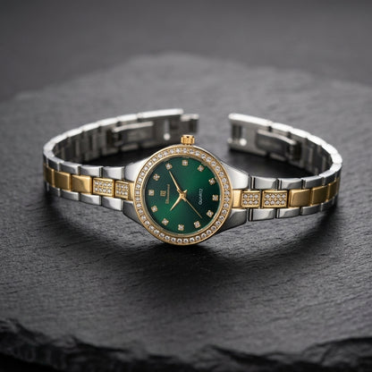 Women's Two-Tone Gold Silver Watch with Green Dial & Crystal Bezel