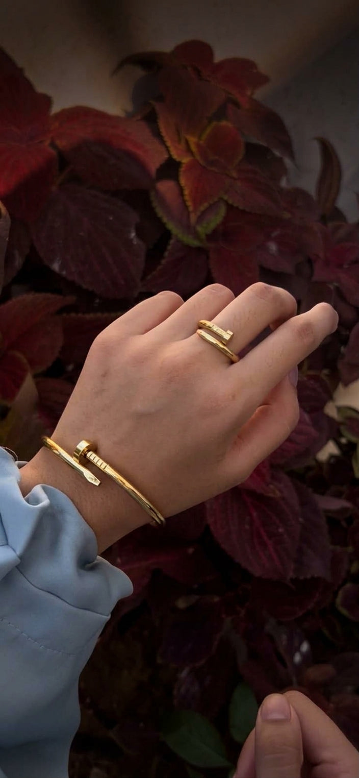 Gold Cuff Nail Bracelet & Matching Ring Set for Women – Elegant Jewellery