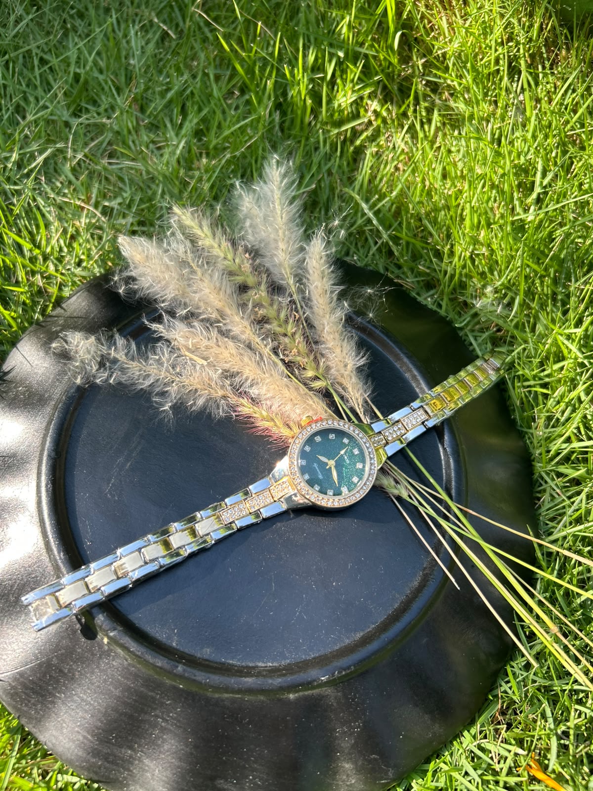 Women's Two-Tone Gold Silver Watch with Green Dial & Crystal Bezel
