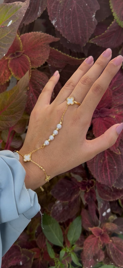 Gold Flower Pearl Hand Chain Bracelet with Finger Ring