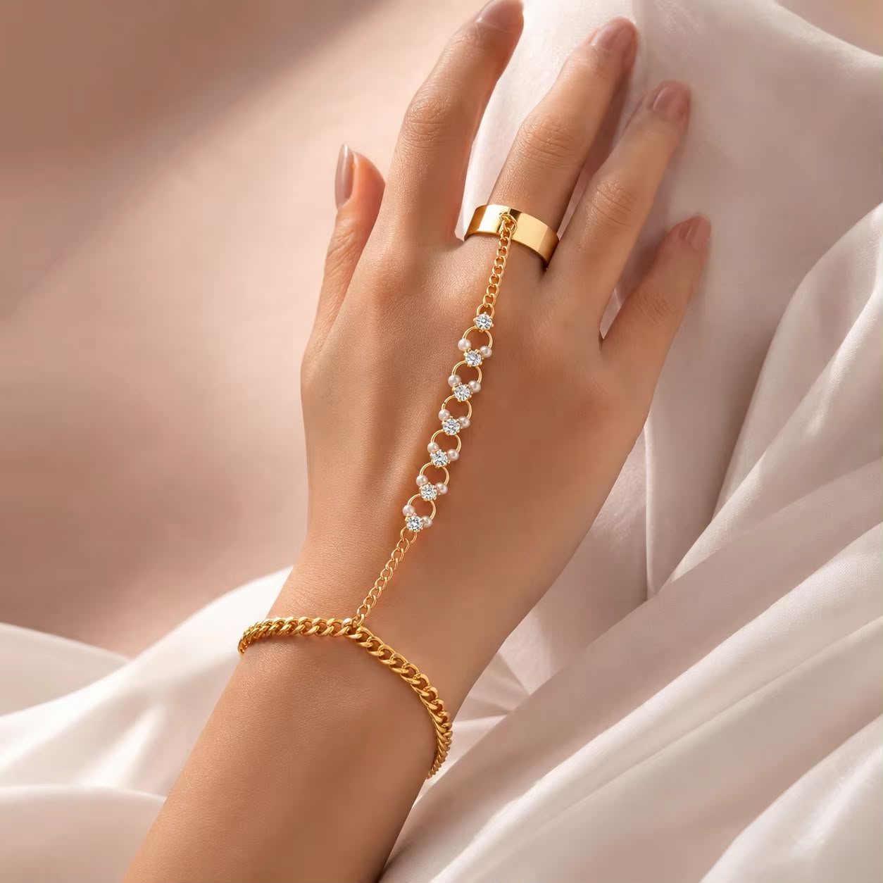 Crystal Pearl Hand Chain Bracelet