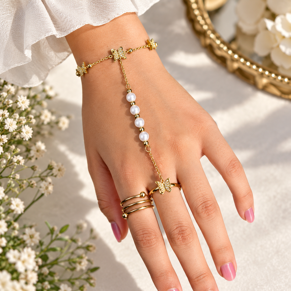 Gold Butterfly Pearl-Style Hand Chain Bracelet with Finger Loop