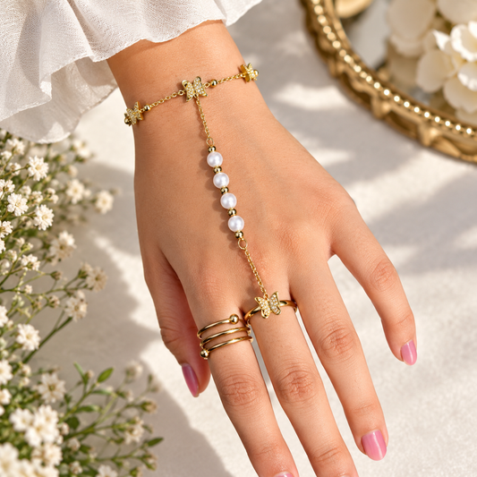 Gold Butterfly Pearl-Style Hand Chain Bracelet with Finger Loop
