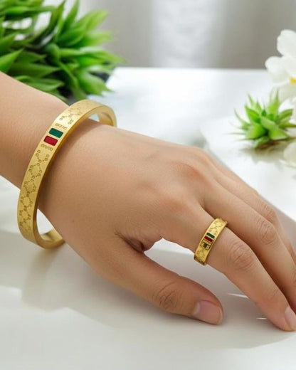 Italian-Inspired Green & Red Enamel Gold Bangle